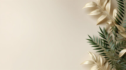 flat lay leaves and flower on pastel beige background. Generative AI