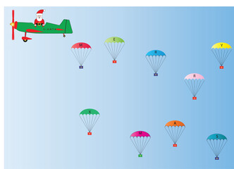 Sticker - Vector Image of Father Christmas in a Green and Red Plane dropping Presents on Parachutes suitable for Gift Wrap or Greetings Cards