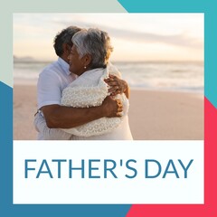 Wall Mural - Composite of father's day text and biracial senior couple embracing at beach under sky during sunset