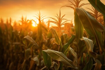 Wall Mural - Corn cobs in corn plantation field with sunrise background. Generative AI