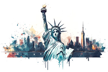 Wall Mural - Statue of Liberty and city in watercolor style , Generative ai