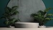 Background products, a podium with stone pedestals and palm leaves on the background, a stand to show cosmetic products. Free space for text. Generative AI