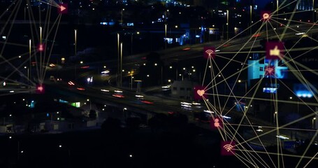 Poster - Animation of connected icons forming globes over time-lapse of moving vehicles on bridge in city