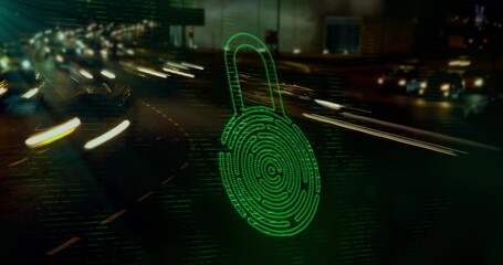 Poster - Animation of fingerprint in padlock over time-lapse of moving vehicles on street in city