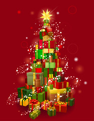 Wall Mural - Stack of gifts in the shape of a Christmas tree with lights and red background