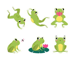 Wall Mural - Cute Green Frog with Protruding Eyes Vector Illustration Set