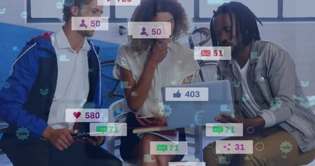 Poster - Animation of icons and notification bars over diverse coworkers discussing reports on laptop