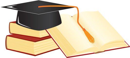 Poster - Graduation mortar on top of books. Vector illustration.
