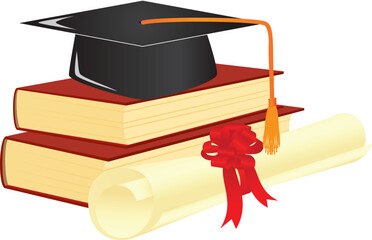 Poster - Graduation mortar on top of books. Vector illustration.