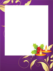 Sticker - Violet decorative christmas frame with pattern, candles, christmas balls and holly berry. Vector illustration.