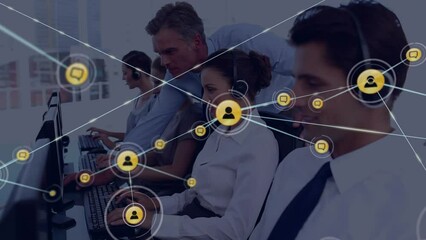 Poster - Animation of connected icons over manager assisting customer service agents in office