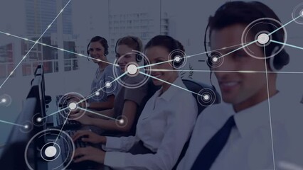 Poster - Animation of connected dots over diverse customer representatives working on computer in office