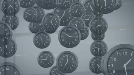 Poster - Animation of falling black watches over number against abstract background