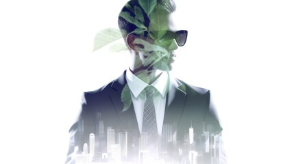 Wall Mural - A layered image of a businessman, urban cityscape, and green foliage elements. The sustainable development and green investing concept in a modern, eco-conscious business world. Generative AI