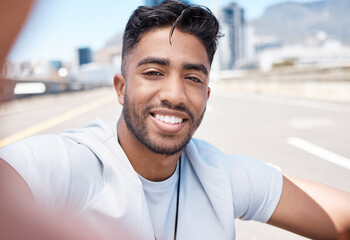 Canvas Print - Happy, selfie and fitness with man in city for social media, profile picture and running. Smile, workout and relax with portrait of male runner and photo in road for exercise, training and freedom