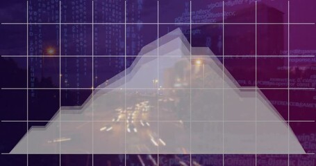 Poster - Animation of graph and computer language, time-lapse of moving vehicles on street against buildings