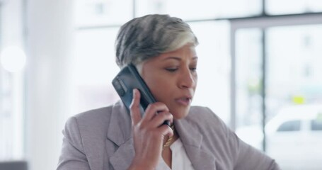 Sticker - Phone call, conflict and an angry business woman arguing while upset in her professional office. Mobile, contact and anger with a senior female manager in disagreement over a smartphone conversation