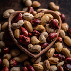 Wall Mural - Pistachios, peanuts and hazelnuts in wooden heart shape bowl