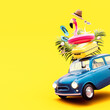 Leinwandbild Motiv Blue retro car with luggage and summer accessories on vibrant yellow background with copy space. 3D Rendering, 3D Illustration