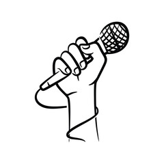 Hand holding microphone hand drawn line art illustration