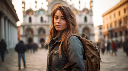 Poster - A woman traveler with backpack in central square of town, generative AI tourism illustration.