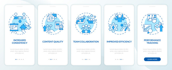 editorial calendar advantages blue onboarding mobile app screen. walkthrough 5 steps editable graphi