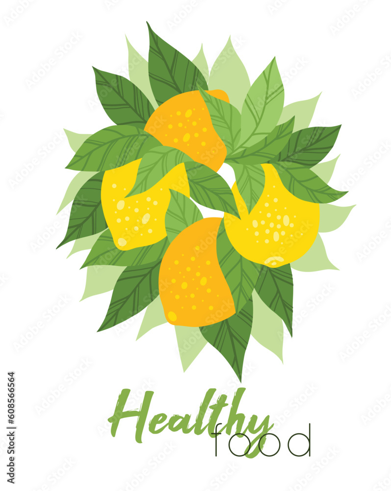 Vector vertical card with illustration of bunch of lemons, foliage and ...