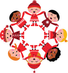 Sticker - Cute winter kids in circle. Vector cartoon Illustration.