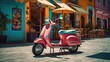 A street scene of a pink Vespa parked in front of a gelato shop - Generative AI