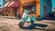 A street scene of a blue Vespa parked in front of a gelato shop