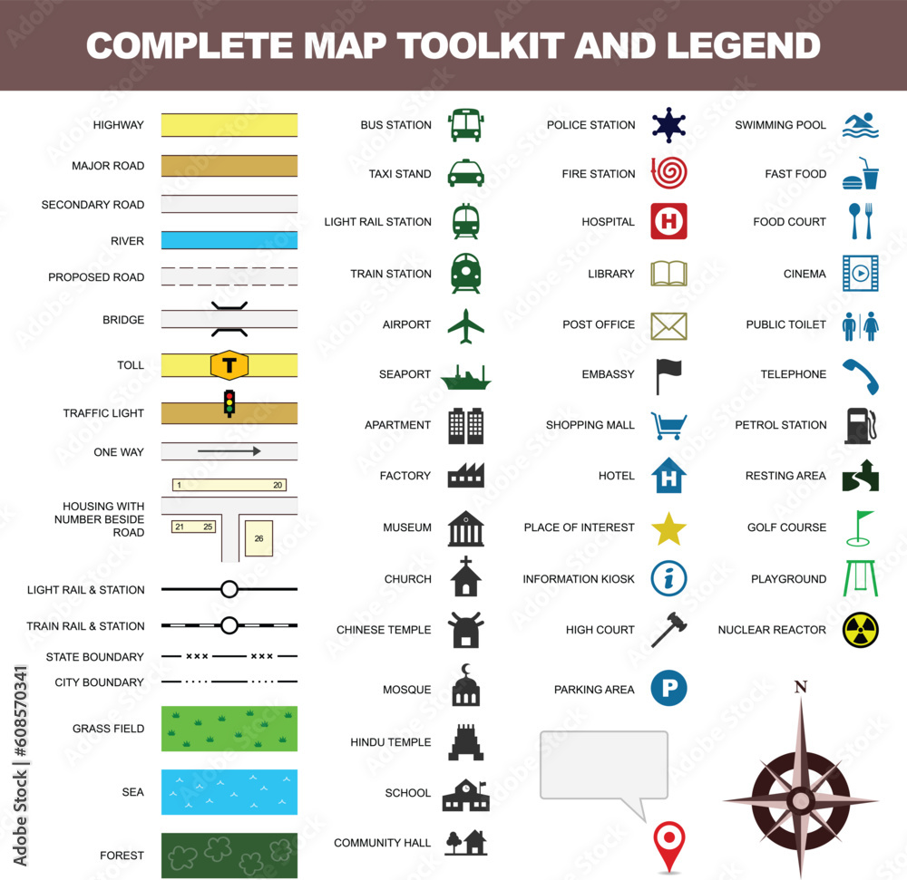 A complete set of map toolkit and legend. Stock Vector | Adobe Stock