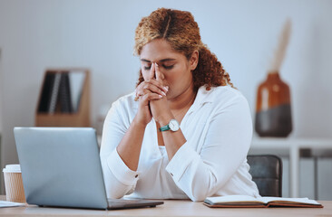 Aufkleber - Stress, error and woman laptop fail, headache and sad in a company office desk working in a business. Frustrated, burnout and young entrepreneur thinking of a risk or problem, tired and mistake