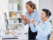 © Sanele Gobinduku/peopleimages.com - Telemarketing, business people and success cheer of staff with good news and promotion email. Motivation, contact us and call center employee with applause and winner group in office with support