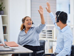 Poster - Call center, man and woman with high five, motivation and teamwork in office, telemarketing and success. Young consultant team, celebration and customer service with happiness, excited and target