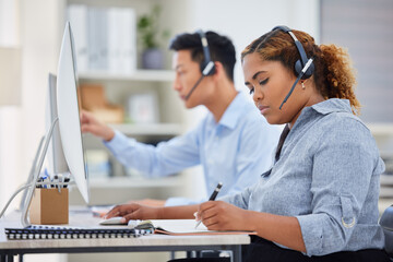 Poster - Telemarketing, business woman document and contact us writing in a office with paperwork at desk. Call center, African female employee and consulting of a worker with web support and agent notes