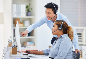 Poster - Call center, training and manager with woman on computer for help, advice and assistance. Telemarketing, customer support and female intern with Asian man boss for contact, crm service and consulting
