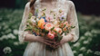 Elegant wedding flower bouquet in past colors held by bride (Generative AI)
