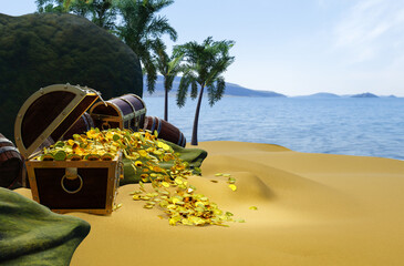 Wall Mural - Gold coins are scattered from boxes or treasure chests. wooden treasure chest put on the beach at a deserted island in the theme of Pirate treasure. 3D rendering