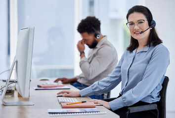 Poster - Call center, customer support and portrait of woman in office for hotline, advice and online help. Computer, telemarketing and happy female worker with headset for contact, crm support and consulting