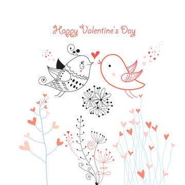 Bright graphics greeting card with lovers birds on a white background with plants