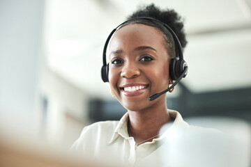 black woman, call center portrait and phone consultation with a smile in a office with work. telemar