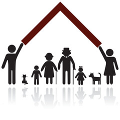 Poster - Protection people silhouette family icon. Person vector woman, man. Child, granfather, grandmother, dog, cat, babby buggy, carriage. Home illustration.