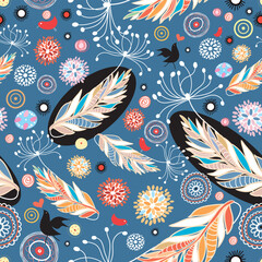 Poster - floral design with birds on a blue bright background