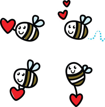 Doodle flying bee set. Vector Illustration