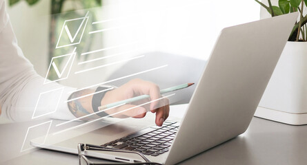 Poster - business background technology hologram business icon virtual screen. A man typing hologram screen. technology virtual screen laptop, document, cloud office storage