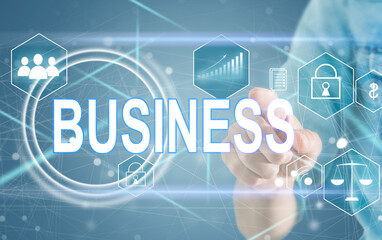 Poster - Businessman holding virtual business icons for planning to success goals target. Business analysis, statistic, strategy and solution management Concept