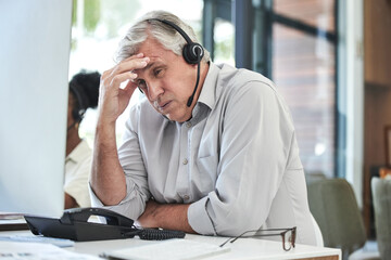 Canvas Print - Stress, telemarketing manager and man with headache in customer service agency with pain or crisis. Communication fail, senior management with computer or help desk consultant with problem phone call