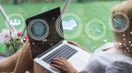 Poster - Internet of Things IoT, digital marketing, online shopping concept, laptop with internet network connection, social media, technology icons on virtual screen.