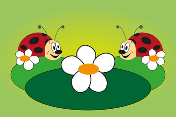 Sticker - Funny picture of two lovely ladybug with green background