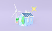 3d Rendering Solar Panel House , Plant And Battery Electricity Concept Minimal Pastel General Home . Wind Turbine Power Plant With Generate The Electric . Earth Day World Environment Day Eco Friendly